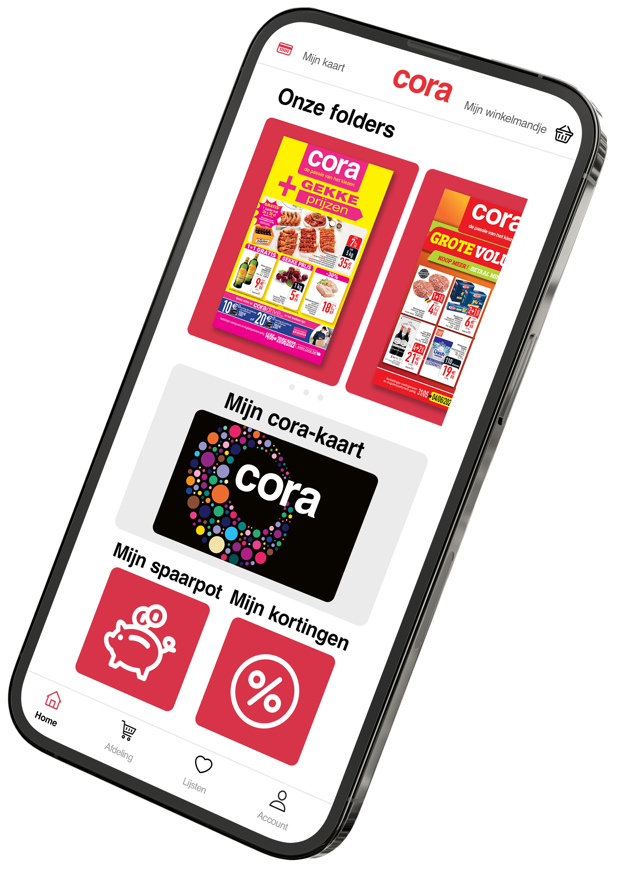 Startpagina van de Cora-app met folders en accountinformatie